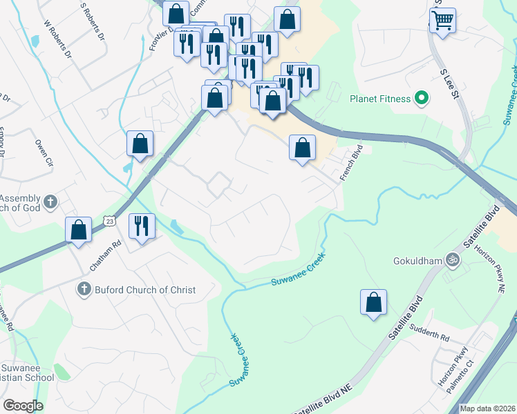 map of restaurants, bars, coffee shops, grocery stores, and more near 4204 Ripley Court in Buford