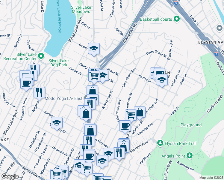 map of restaurants, bars, coffee shops, grocery stores, and more near 2109 Duane Street in Los Angeles