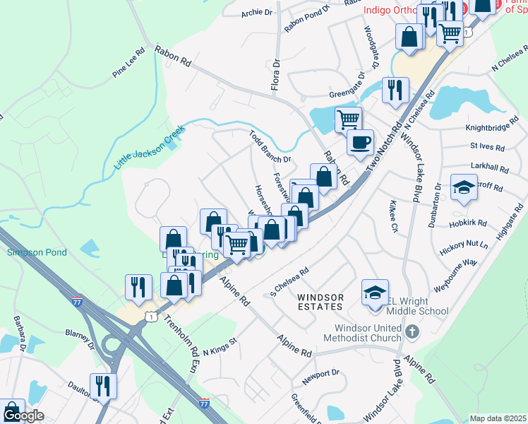 map of restaurants, bars, coffee shops, grocery stores, and more near 109 Horseshoe Circle in Columbia