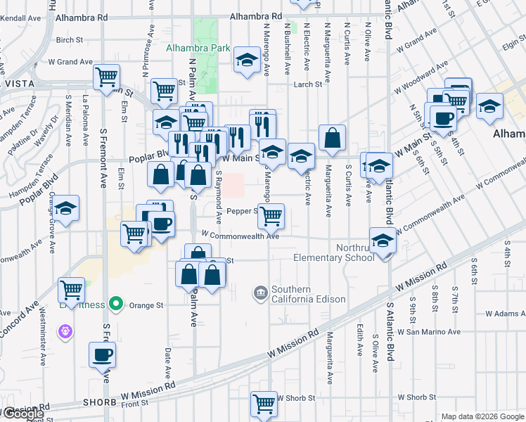 map of restaurants, bars, coffee shops, grocery stores, and more near 2 Alhambra Road in Alhambra