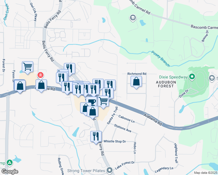 map of restaurants, bars, coffee shops, grocery stores, and more near 203 Don John Trail in Woodstock