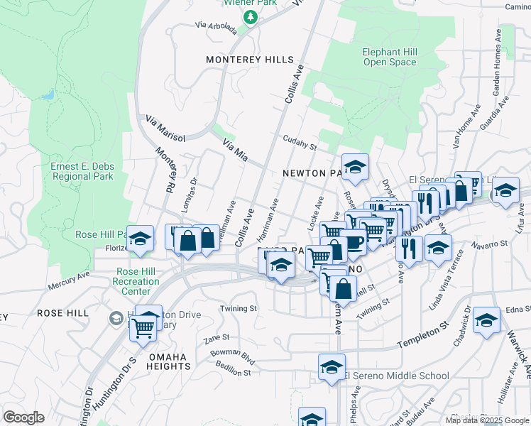 map of restaurants, bars, coffee shops, grocery stores, and more near 3689 Harriman Avenue in Los Angeles