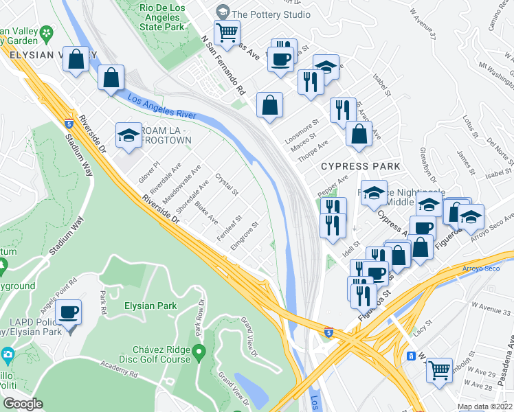 map of restaurants, bars, coffee shops, grocery stores, and more near 2406 Fernleaf Street in Los Angeles