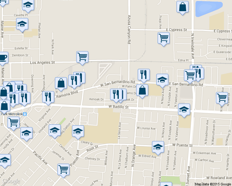 map of restaurants, bars, coffee shops, grocery stores, and more near 945 North Morris Avenue in West Covina