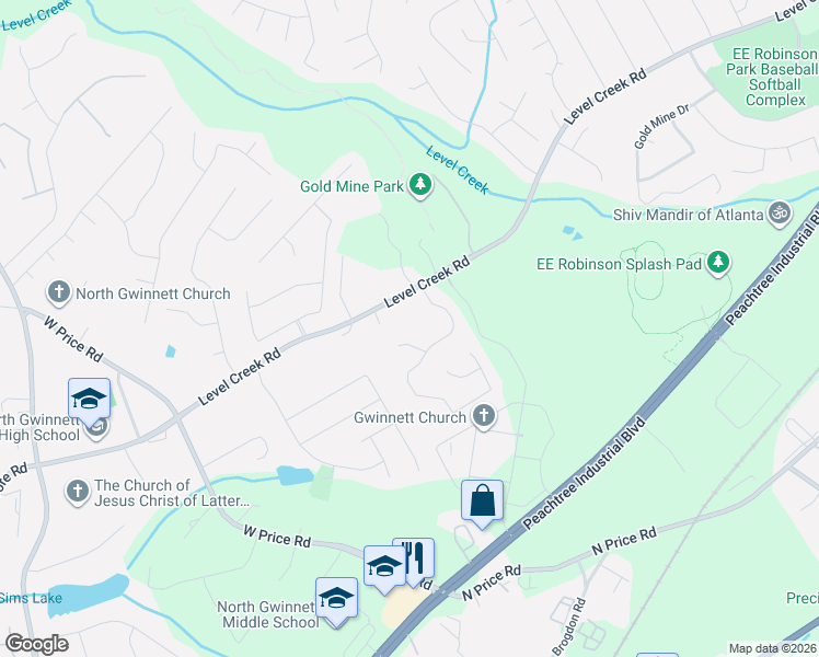 map of restaurants, bars, coffee shops, grocery stores, and more near 345 Level Creek Rd in Sugar Hill
