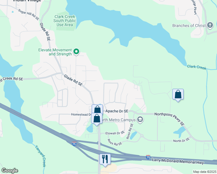 map of restaurants, bars, coffee shops, grocery stores, and more near 217 Kiowa Court Southeast in Acworth