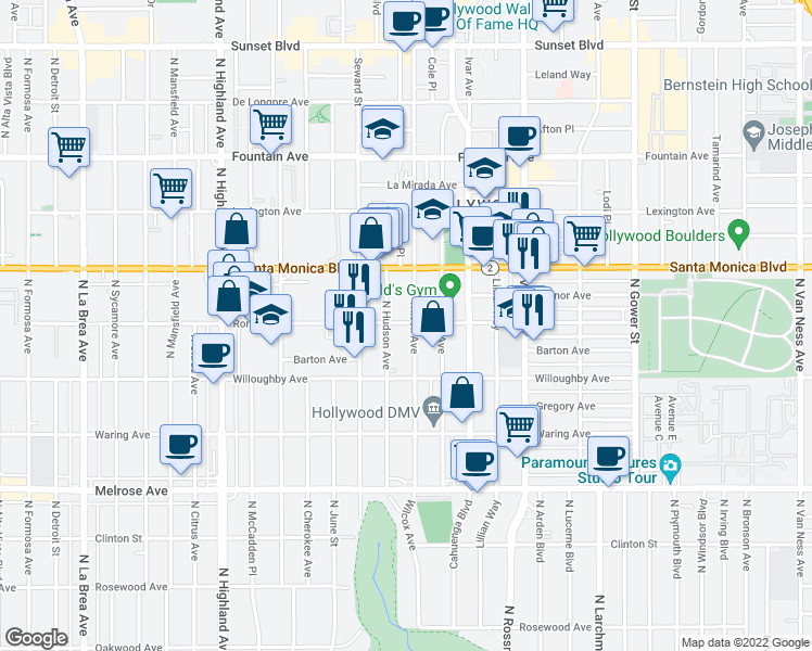 map of restaurants, bars, coffee shops, grocery stores, and more near 6500 Romaine Street in Los Angeles