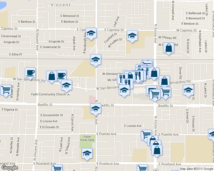 map of restaurants, bars, coffee shops, grocery stores, and more near 1235 West San Bernardino Road in Covina