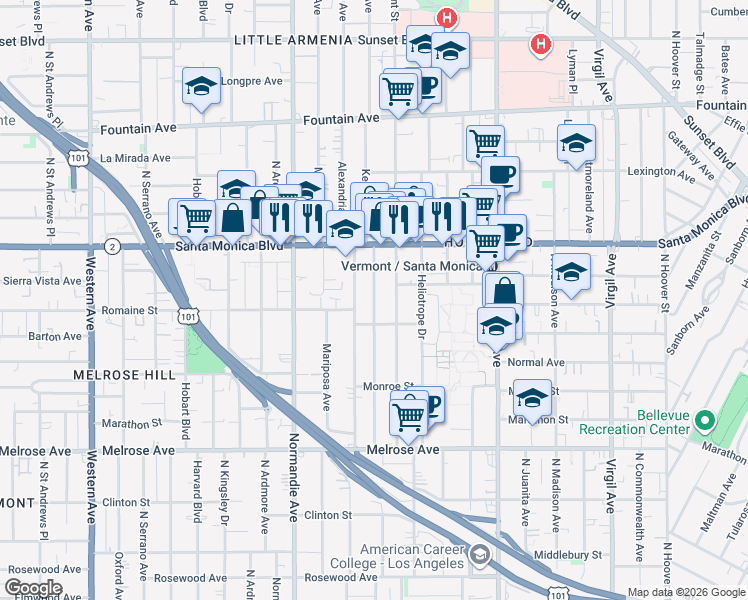 map of restaurants, bars, coffee shops, grocery stores, and more near 1010 North Alexandria Avenue in Los Angeles