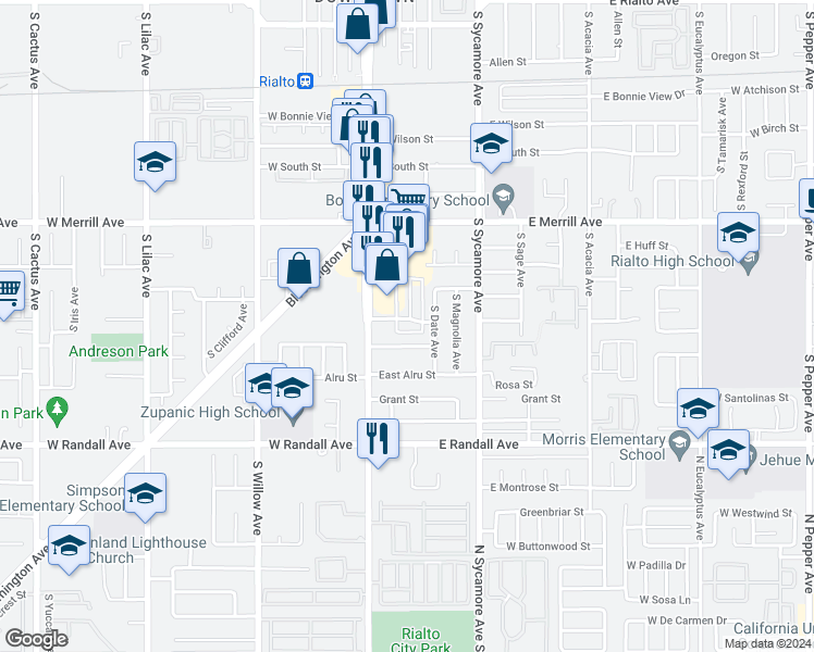 map of restaurants, bars, coffee shops, grocery stores, and more near 175 East James Street in Rialto