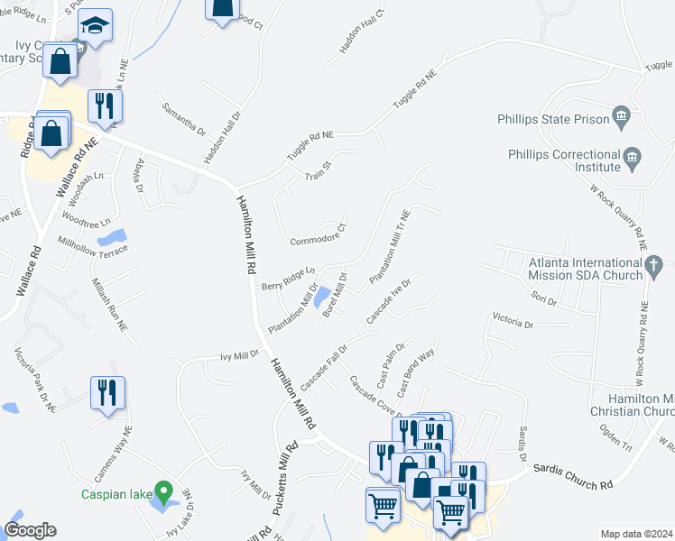 map of restaurants, bars, coffee shops, grocery stores, and more near 3891 Plantation Mill Drive in Buford
