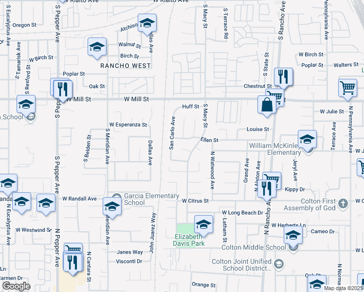 map of restaurants, bars, coffee shops, grocery stores, and more near 2366 Dunlop Court in Colton