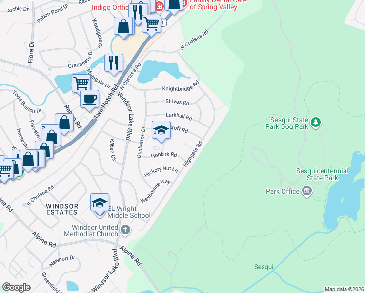 map of restaurants, bars, coffee shops, grocery stores, and more near 9 Highgate Circle in Columbia