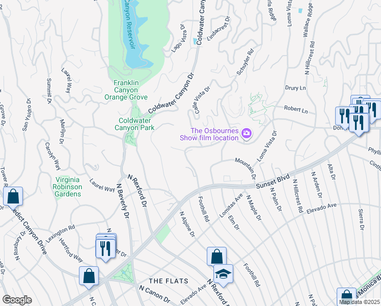 map of restaurants, bars, coffee shops, grocery stores, and more near 920 Foothill Road in Beverly Hills
