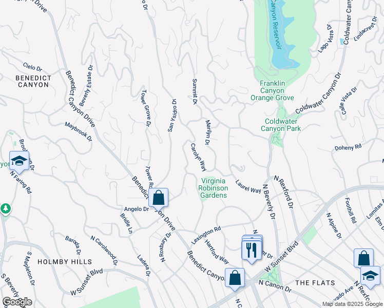 map of restaurants, bars, coffee shops, grocery stores, and more near 1115 Carolyn Way in Beverly Hills