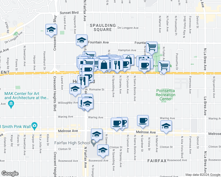 map of restaurants, bars, coffee shops, grocery stores, and more near 7737 Romaine Street in West Hollywood
