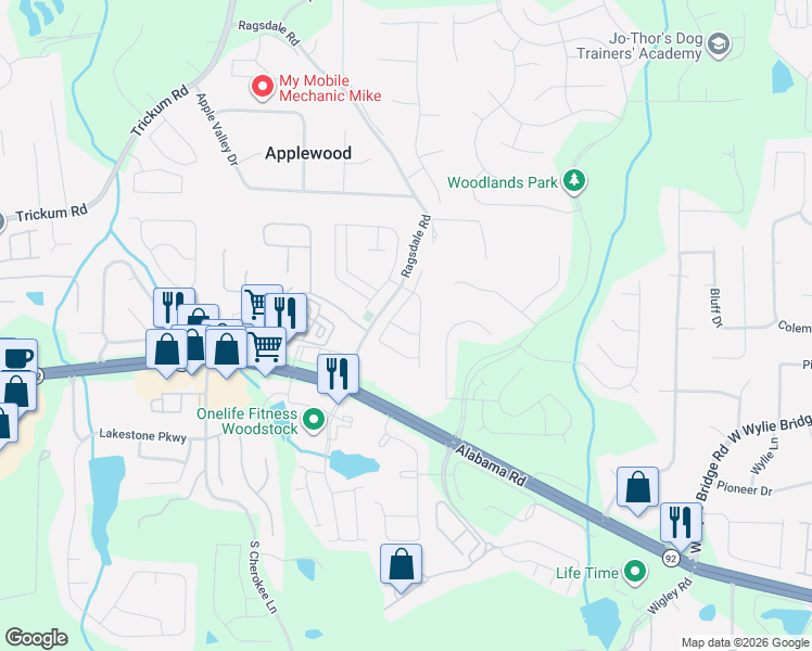 map of restaurants, bars, coffee shops, grocery stores, and more near 307 Cornerstone Trce in Woodstock