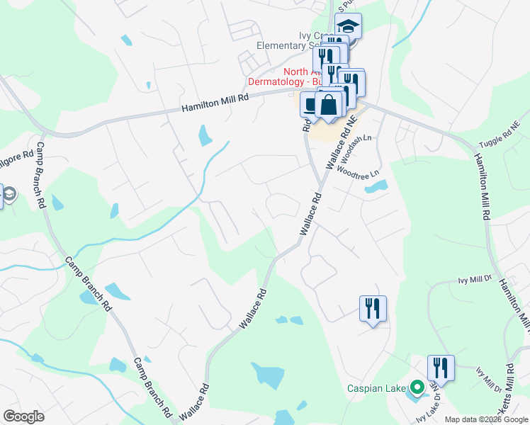 map of restaurants, bars, coffee shops, grocery stores, and more near 3448 Sag Harbor Court Northeast in Buford