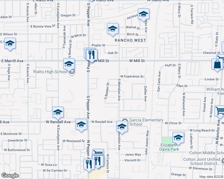 map of restaurants, bars, coffee shops, grocery stores, and more near 2742 West Jefferson Street in Rialto