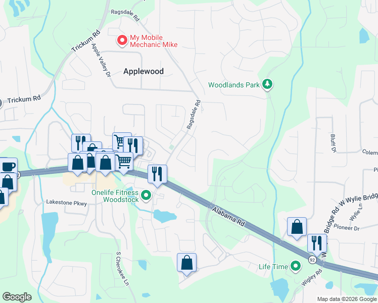 map of restaurants, bars, coffee shops, grocery stores, and more near 307 Cornerstone Trce in Woodstock