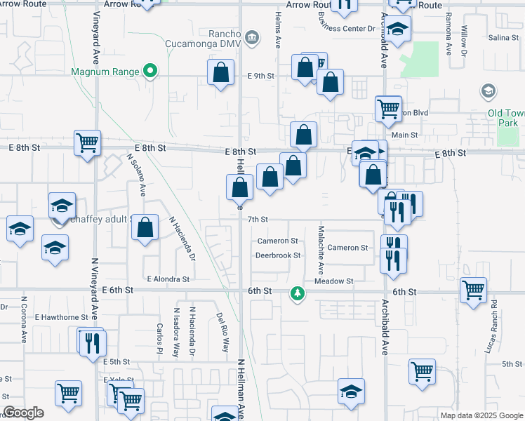map of restaurants, bars, coffee shops, grocery stores, and more near 9360 7th Street in Rancho Cucamonga
