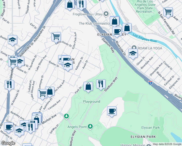 map of restaurants, bars, coffee shops, grocery stores, and more near 1430 Avon Terrace in Los Angeles