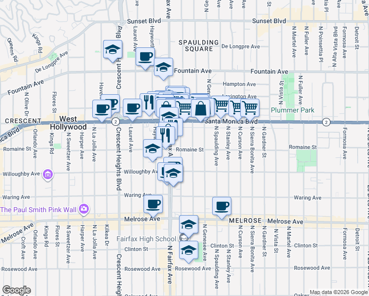 map of restaurants, bars, coffee shops, grocery stores, and more near 1000 North Orange Grove Avenue in West Hollywood