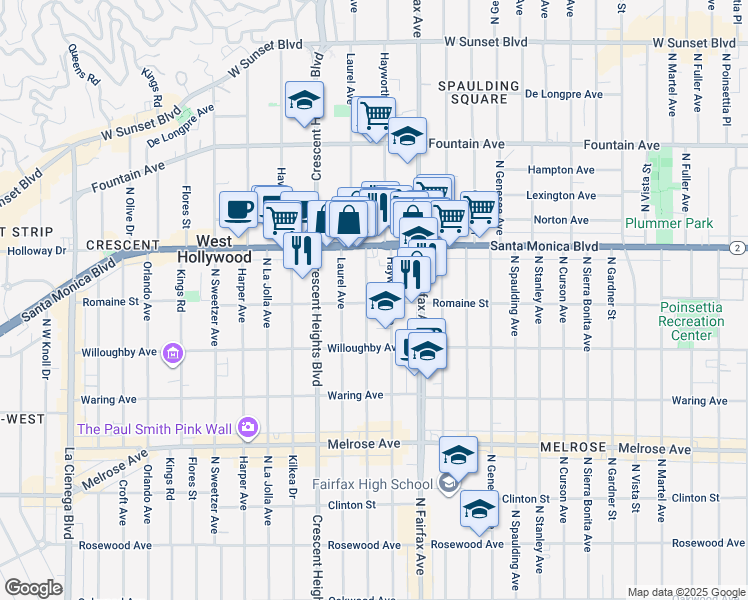 map of restaurants, bars, coffee shops, grocery stores, and more near 1000 North Edinburgh Avenue in Los Angeles