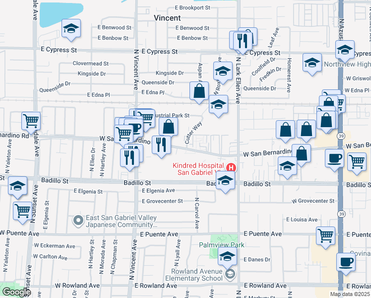 map of restaurants, bars, coffee shops, grocery stores, and more near 1515 West San Bernardino Road in Covina