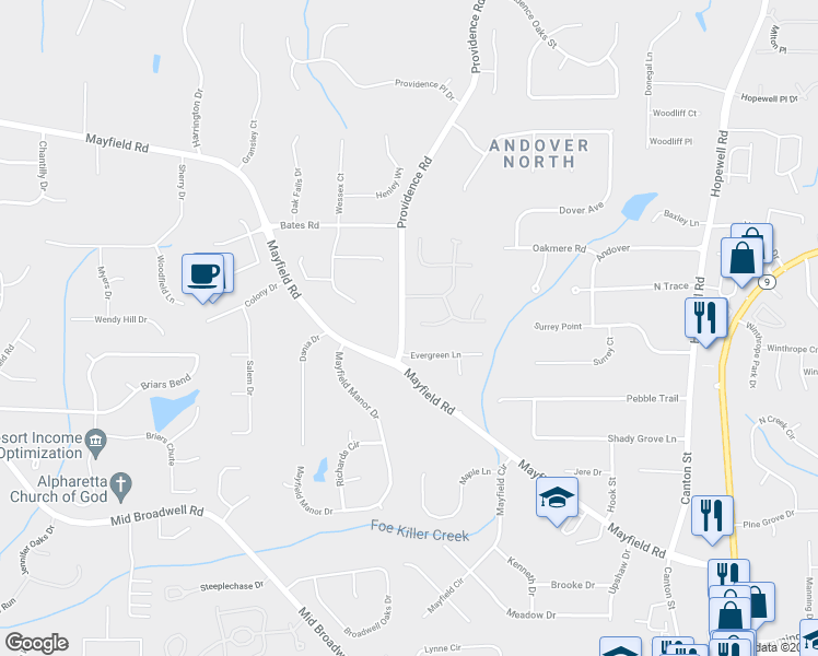 map of restaurants, bars, coffee shops, grocery stores, and more near 250 Fieldstone Court in Alpharetta