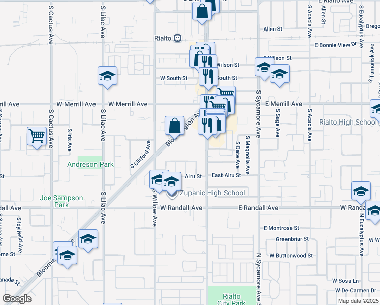 map of restaurants, bars, coffee shops, grocery stores, and more near 277 Bloomington Avenue in Rialto