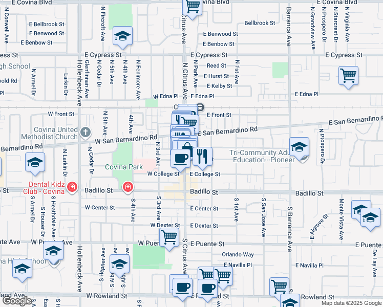 map of restaurants, bars, coffee shops, grocery stores, and more near 316 Orange Blossom Lane in Covina