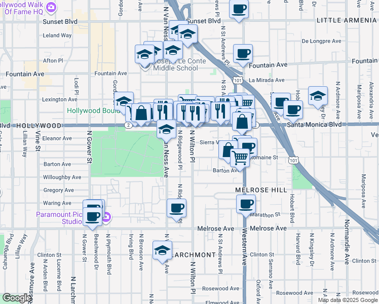 map of restaurants, bars, coffee shops, grocery stores, and more near 1013 North Wilton Place in Los Angeles