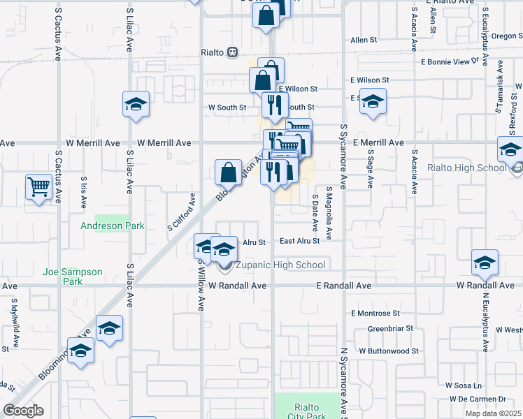 map of restaurants, bars, coffee shops, grocery stores, and more near 660 South Riverside Avenue in Rialto