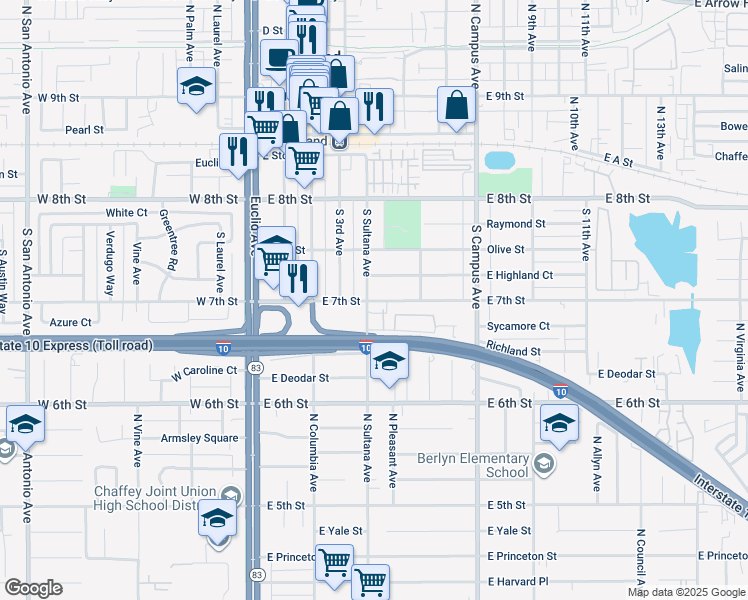 map of restaurants, bars, coffee shops, grocery stores, and more near 375 East 7th Street in Upland