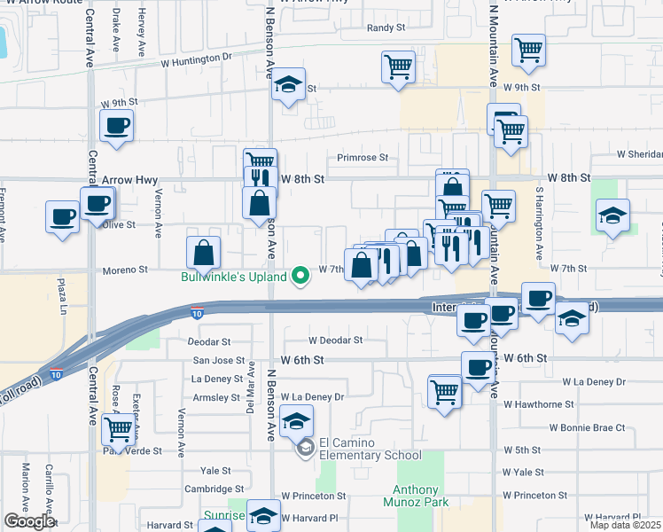 map of restaurants, bars, coffee shops, grocery stores, and more near 1481 West 7th Street in Upland