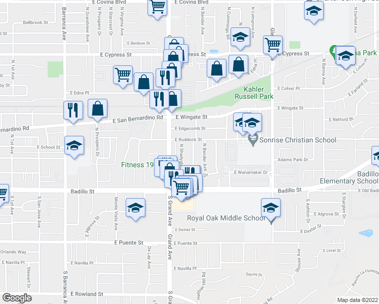 map of restaurants, bars, coffee shops, grocery stores, and more near 324 Shadyglen Drive in Covina