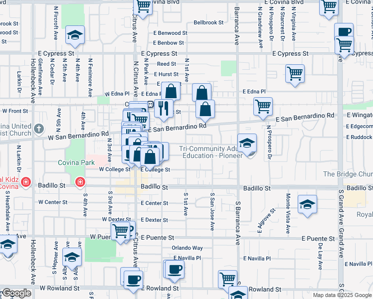 map of restaurants, bars, coffee shops, grocery stores, and more near 250 East School Street in Covina