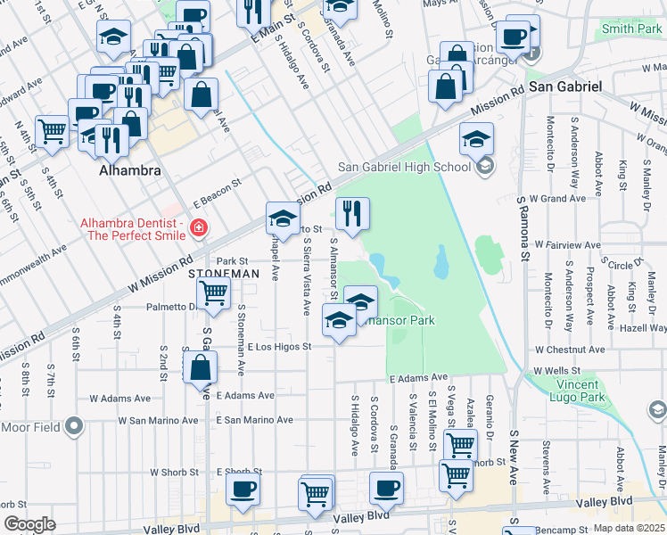 map of restaurants, bars, coffee shops, grocery stores, and more near 701 South Almansor Street in Alhambra
