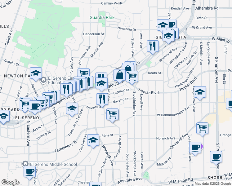 map of restaurants, bars, coffee shops, grocery stores, and more near 5343 Oakland Street in Los Angeles