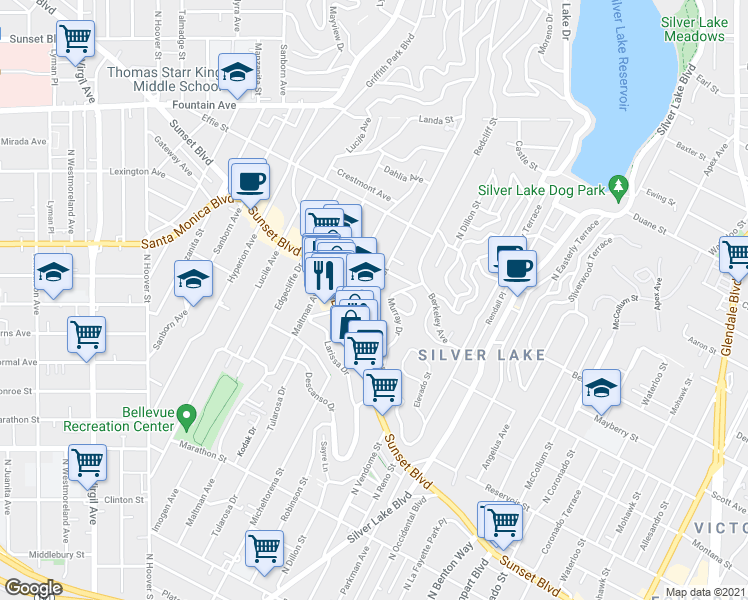 map of restaurants, bars, coffee shops, grocery stores, and more near 1518 Micheltorena Street in Los Angeles