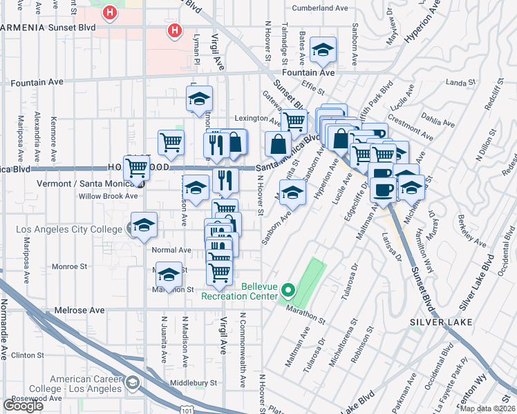 map of restaurants, bars, coffee shops, grocery stores, and more near 915 Manzanita Street in Los Angeles