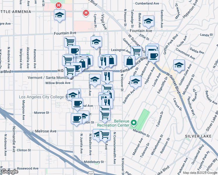 map of restaurants, bars, coffee shops, grocery stores, and more near 957 North Virgil Avenue in Los Angeles