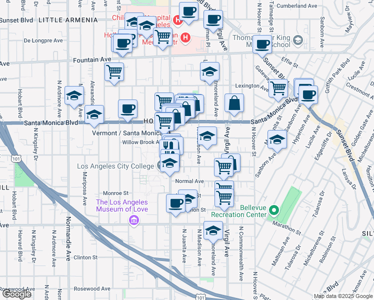 map of restaurants, bars, coffee shops, grocery stores, and more near 4421 Lockwood Avenue in Los Angeles