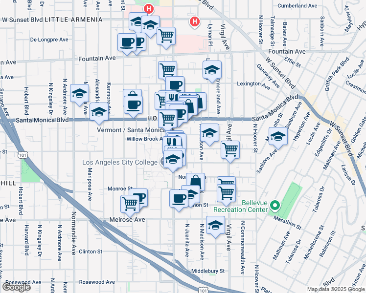 map of restaurants, bars, coffee shops, grocery stores, and more near 954 North Vermont Avenue in Los Angeles