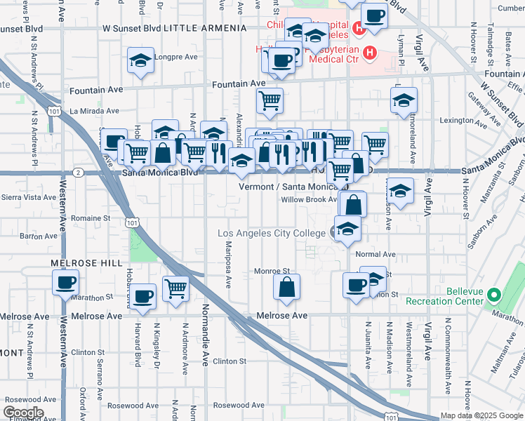 map of restaurants, bars, coffee shops, grocery stores, and more near 1010 North Alexandria Avenue in Los Angeles