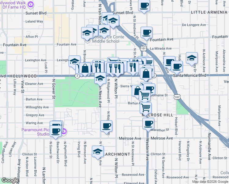 map of restaurants, bars, coffee shops, grocery stores, and more near 1023 North Wilton Place in Los Angeles