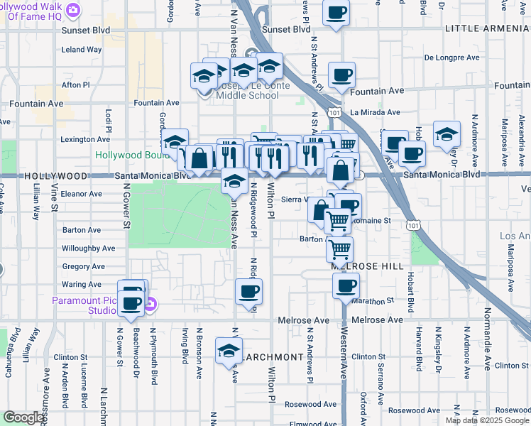 map of restaurants, bars, coffee shops, grocery stores, and more near in Los Angeles