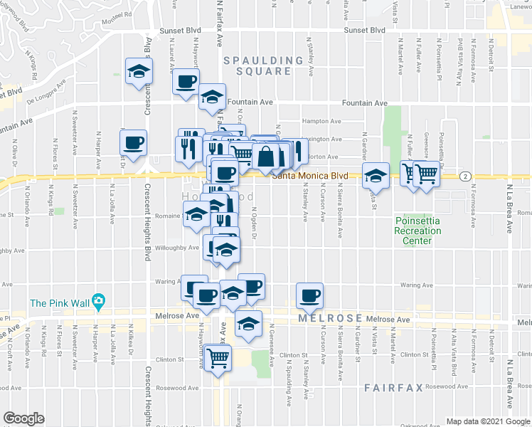 map of restaurants, bars, coffee shops, grocery stores, and more near 1004 1/2 North Ogden Drive in West Hollywood