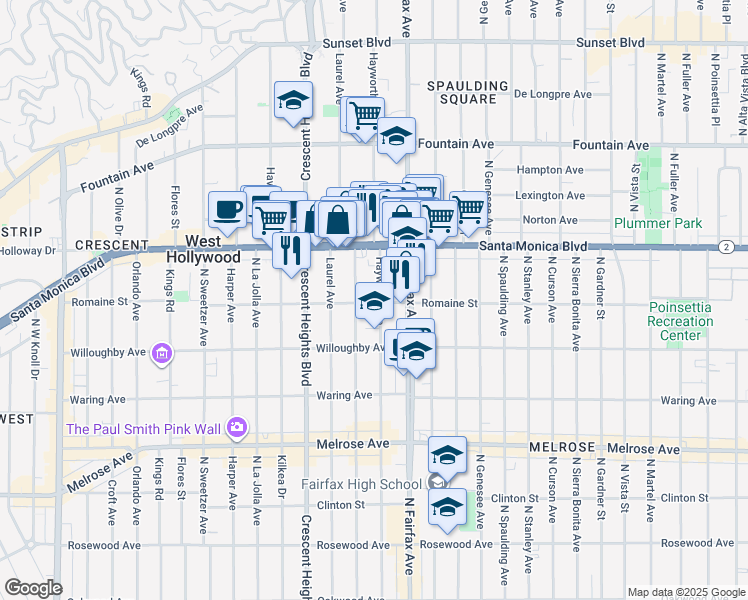 map of restaurants, bars, coffee shops, grocery stores, and more near 1000 North Edinburgh Avenue in West Hollywood